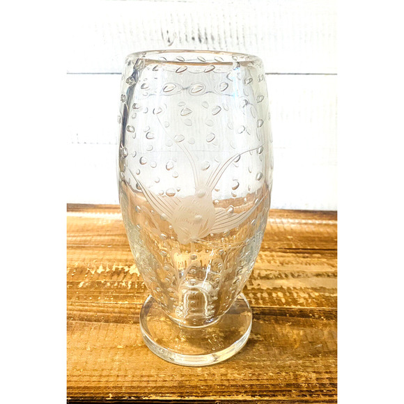 Vintage MCM Johansfors Controlled Bubble Crystal Vase Art Glass Etched Fish 8" - Picture 7 of 9